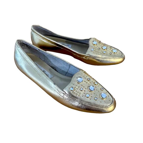 New Carriage House Beverlee Gold Sparkle Jeweled Leather Flats Size Loafers 6M - Picture 1 of 5